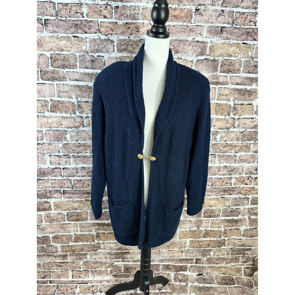 VTG Side Effects Navy Blue Textured Cardigan Sweater Women's M Nautical Clasp